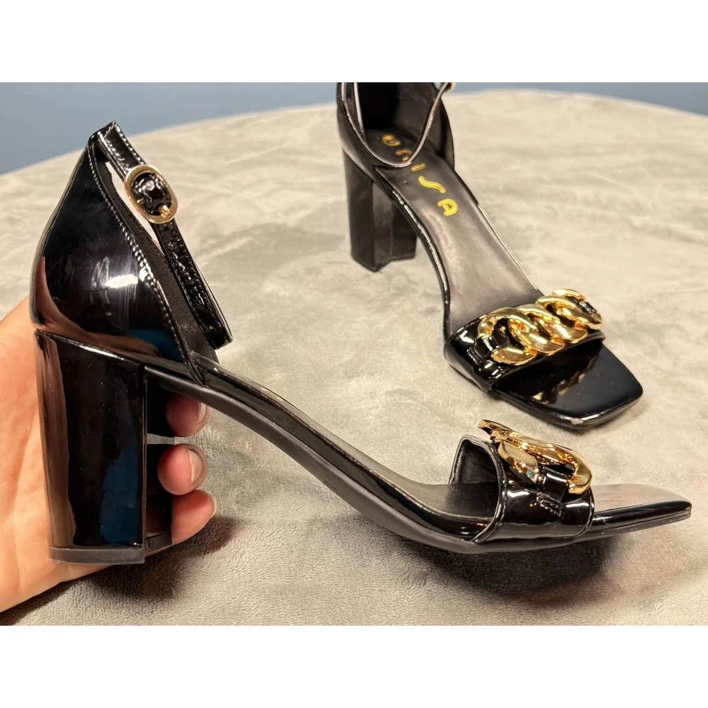 Unisa Undallie Sandals Womens 8.5 Black Patent Gold Chain Ankle Strap Heels